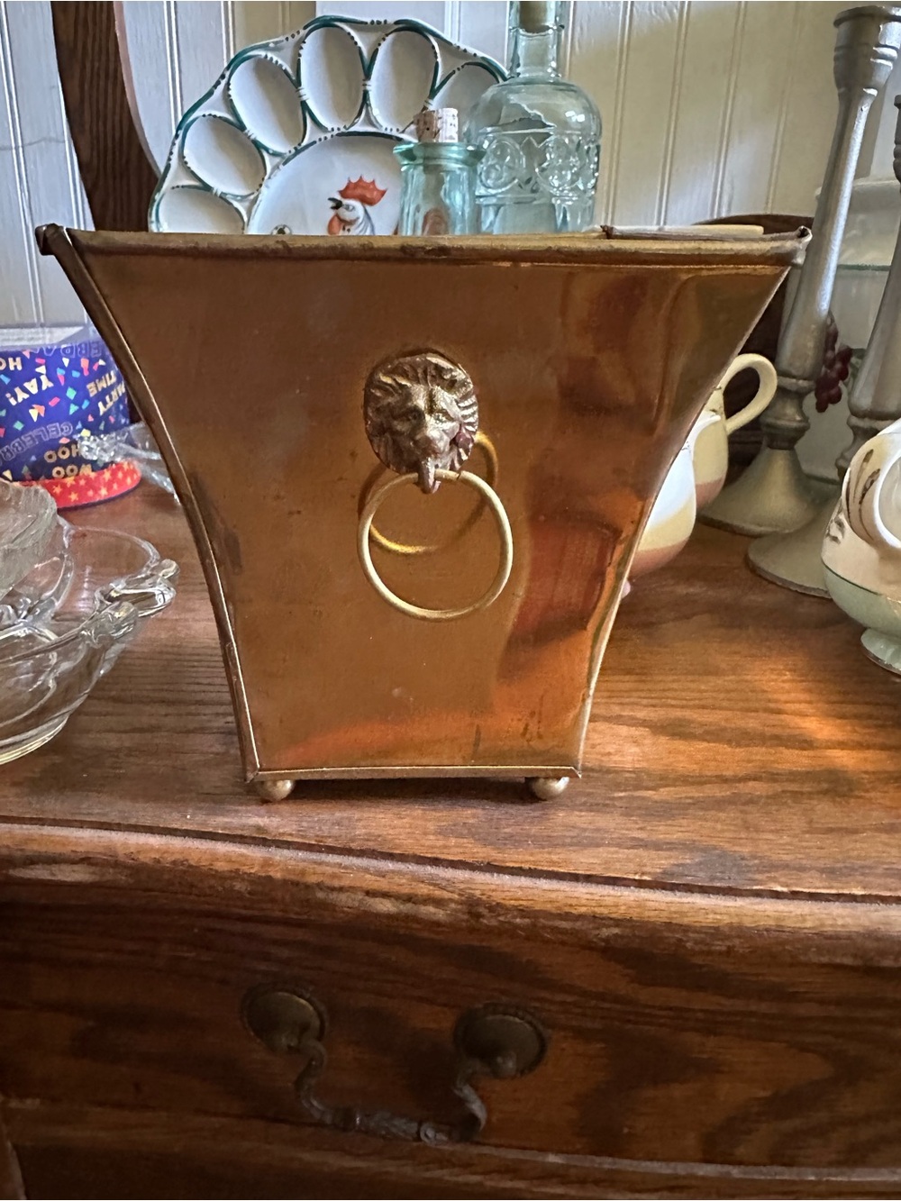 Brass Planter Cachepot with Lion Ring Accent - Shiny Brass
